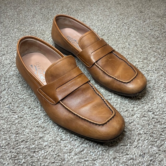 Salvatore Ferragamo Penny Loafers Mens 8 EE Brown Leather Dress Shoes Italy